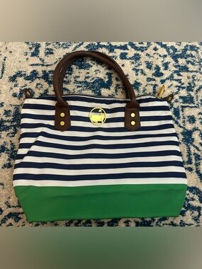Masters Augusta Striped Tote Bag Navy Green Leather Trim Golf